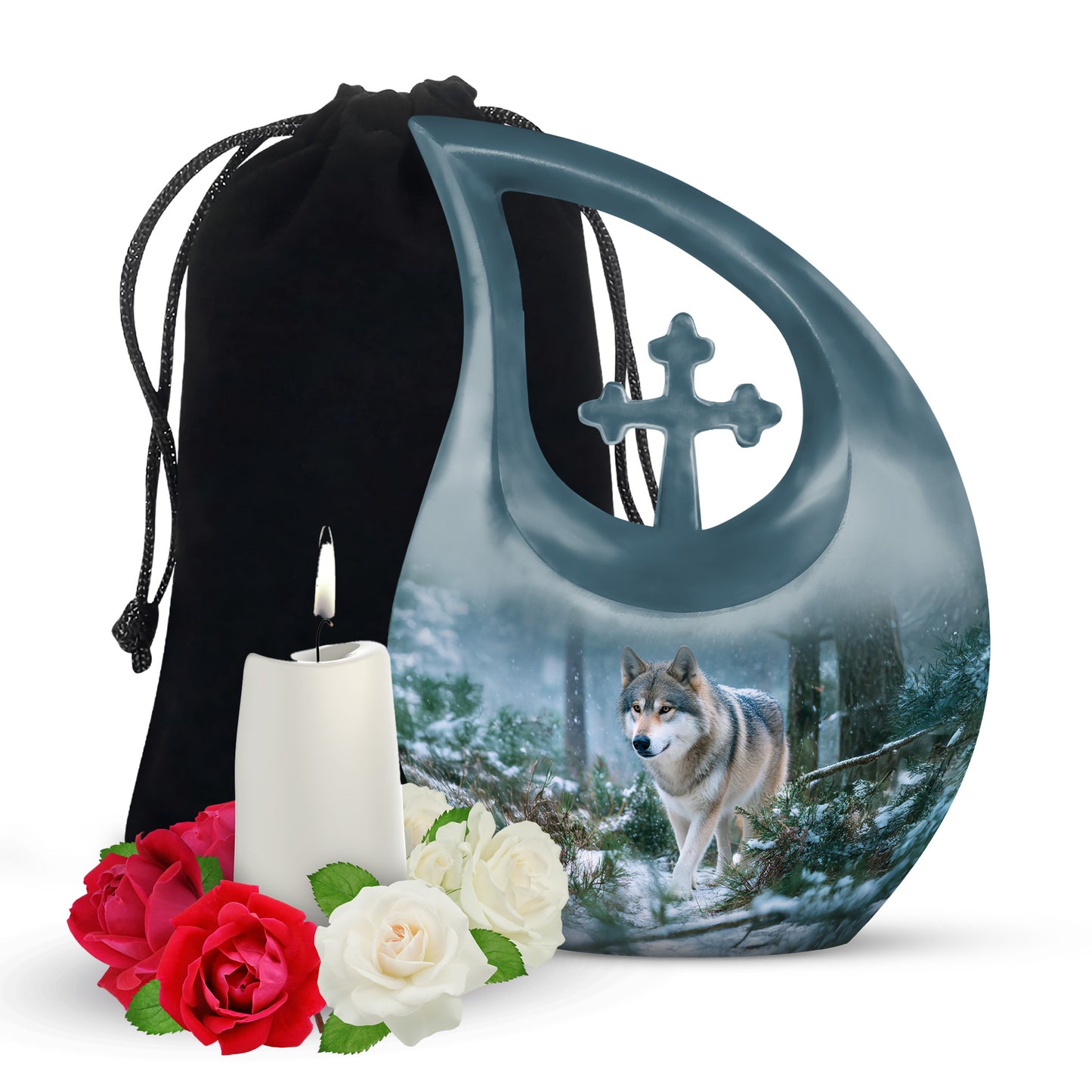 Calming Blue Dog Cremation Urn top-down view of secure threaded lid - devotional cross-drop dog engraving - full-size 10 inch 200 cubic inch adult cremation urn