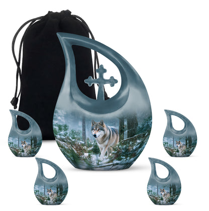 Powder Blue Dog Cremation Urn urn with complimentary velvet bag - sacred cross merged with dog motif on metal - memorial set with one large and four small urns