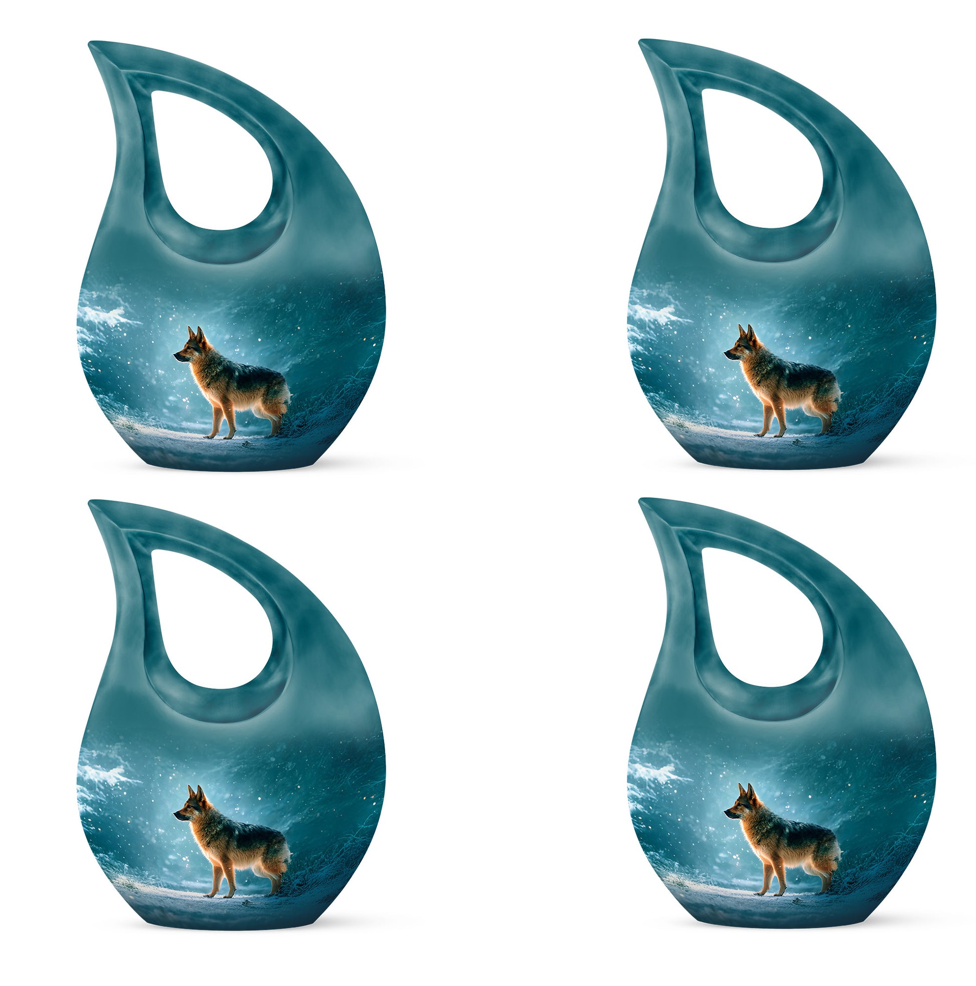 Cool Teal Dog Cremation Urn lifestyle display on memorial shelf - cross and dog combined in spiritual memorial design - 10 inch aluminum urn for cremated remains