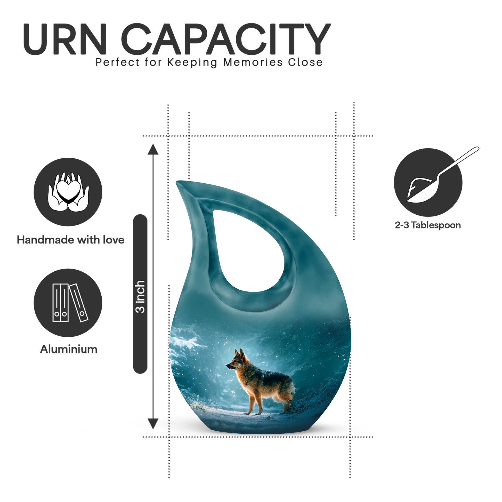 Mystic Teal Dog Cremation Urn back view with polished surface - faith-inspired cross-drop urn with dog pattern - mini keepsake memorial for portion of cremation ashes