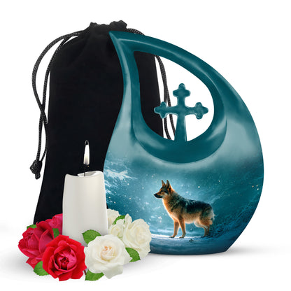 Tropical Teal Dog Cremation Urn top-down view of secure threaded lid - devotional cross-drop dog engraving - full-size 10 inch 200 cubic inch adult cremation urn