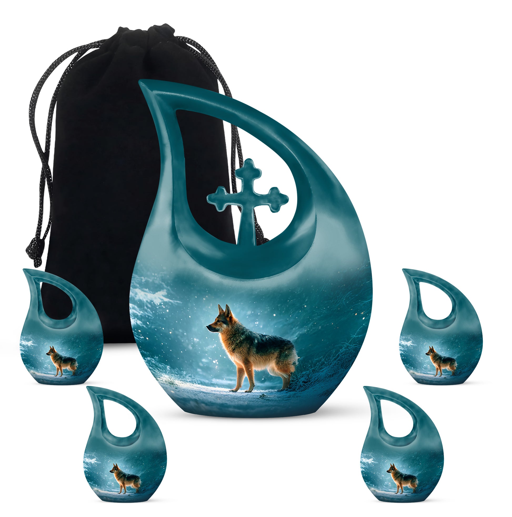 Vivid Teal Dog Cremation Urn urn with complimentary velvet bag - devotional cross-drop dog engraving - memorial set with one large and four small urns
