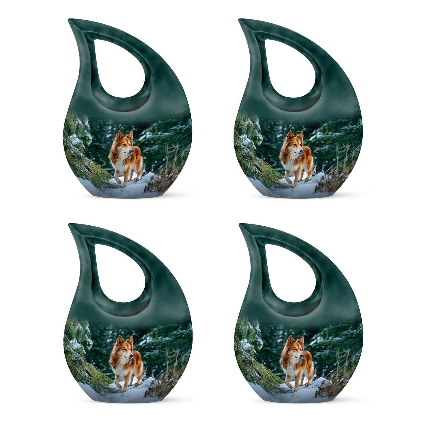 Jewel Teal Dog Cremation Urn lifestyle display on memorial shelf - sacred cross merged with dog motif on metal - 10 inch aluminum urn for cremated remains