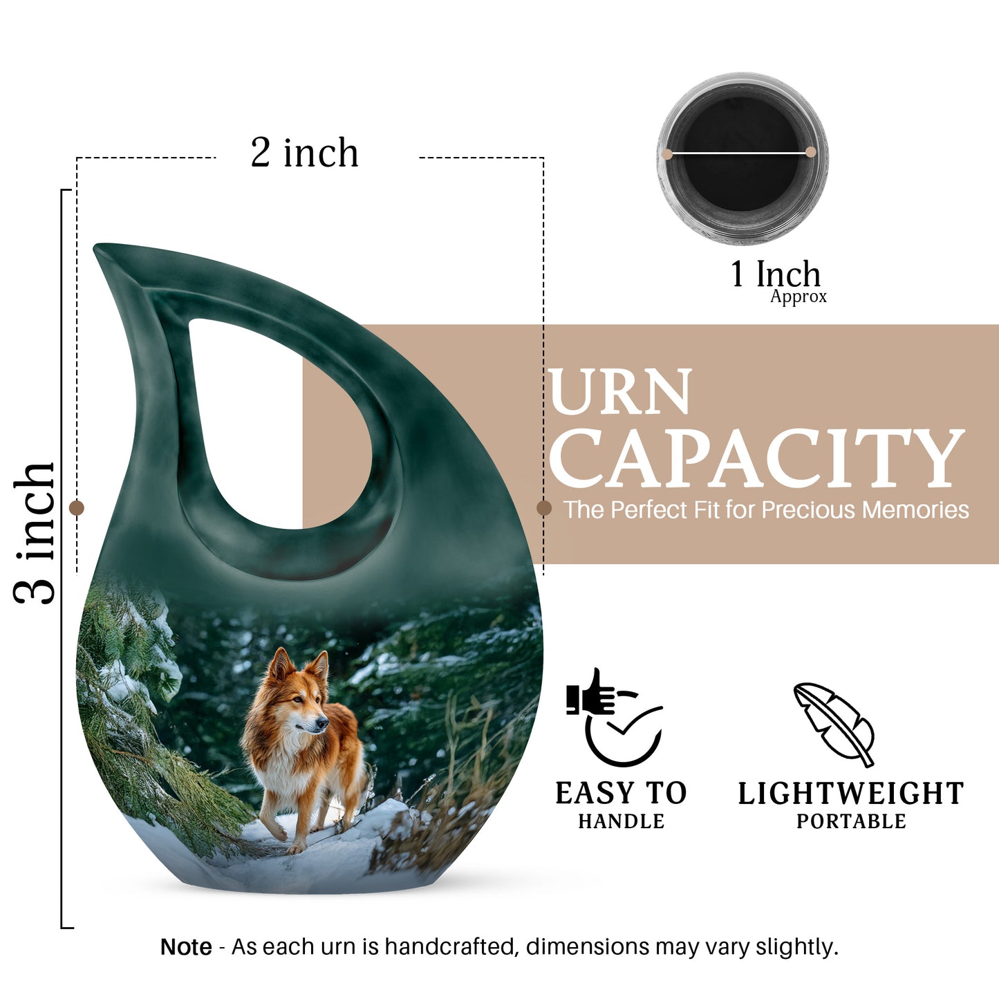 Soft Teal Dog Cremation Urn back view with polished surface - sacred cross merged with dog motif on metal - mini keepsake memorial for portion of cremation ashes