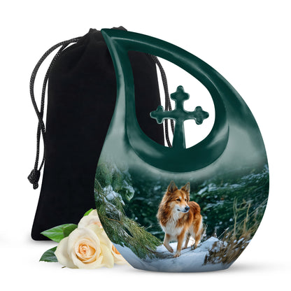 Aqua Teal Dog Cremation Urn top-down view of secure threaded lid - faith-inspired cross-drop urn with dog pattern - full-size 10 inch 200 cubic inch adult cremation urn