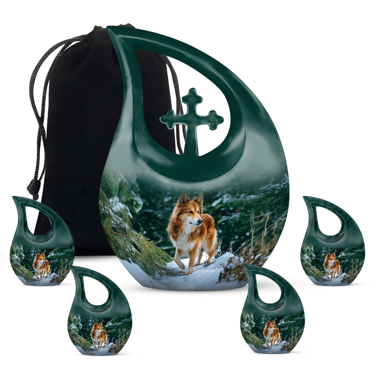 Soft Teal Dog Cremation Urn urn with complimentary velvet bag - cross and dog combined in spiritual memorial design - memorial set with one large and four small urns