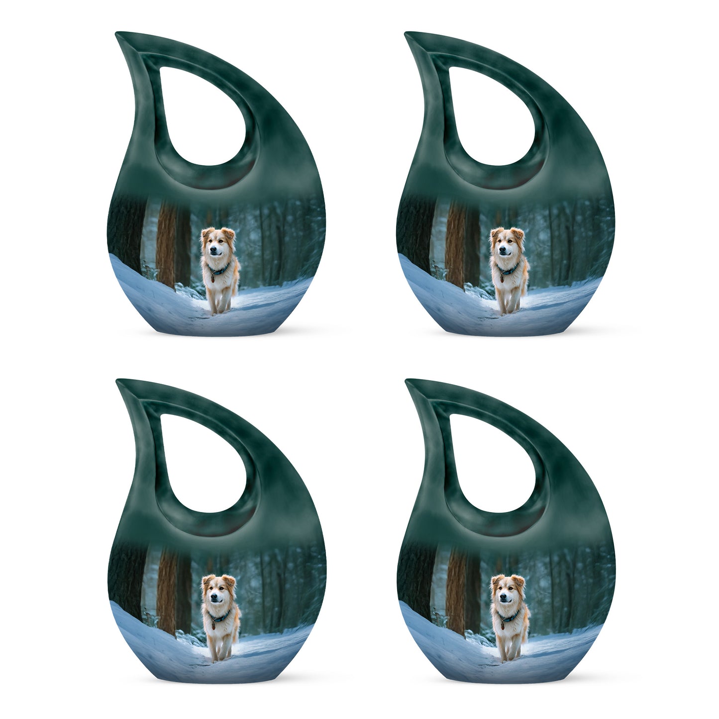 Mystic Teal Dog Cremation Urn lifestyle display on memorial shelf - faith-inspired cross-drop urn with dog pattern - 10 inch aluminum urn for cremated remains