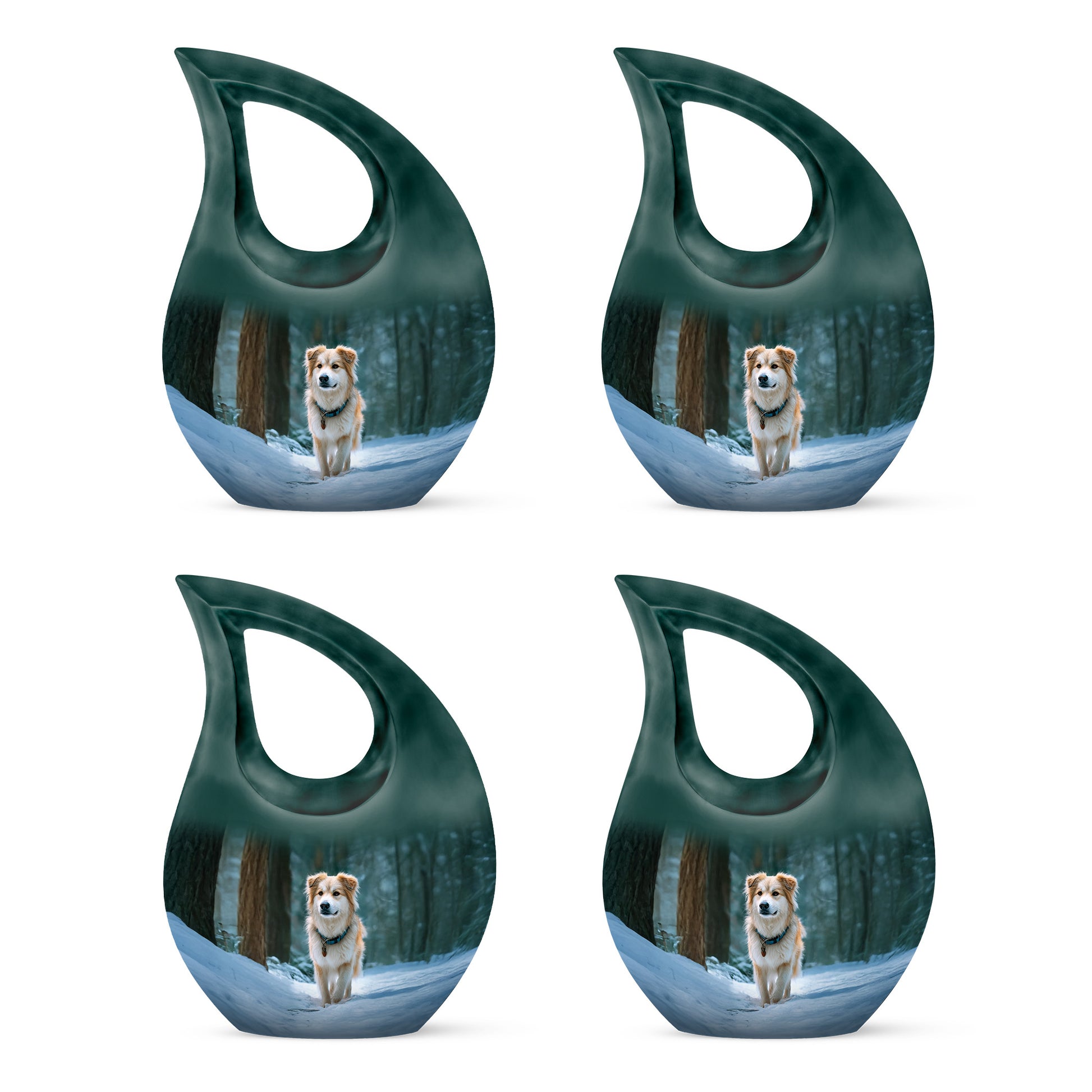 Mystic Teal Dog Cremation Urn lifestyle display on memorial shelf - faith-inspired cross-drop urn with dog pattern - 10 inch aluminum urn for cremated remains