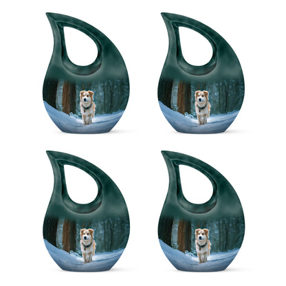 Mystic Teal Dog Cremation Urn lifestyle display on memorial shelf - faith-inspired cross-drop urn with dog pattern - 10 inch aluminum urn for cremated remains