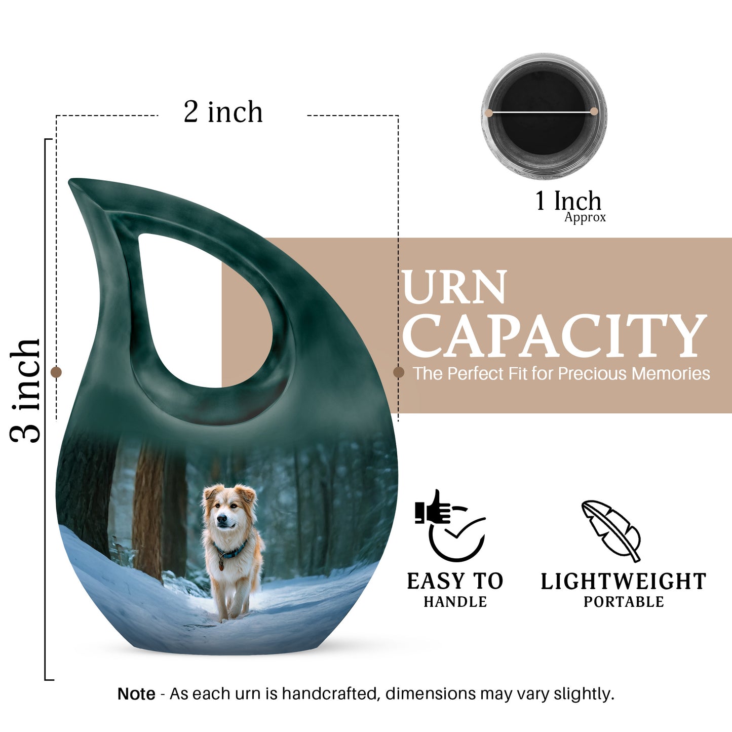 Jewel Teal Dog Cremation Urn back view with polished surface - cross and dog combined in spiritual memorial design - mini keepsake memorial for portion of cremation ashes