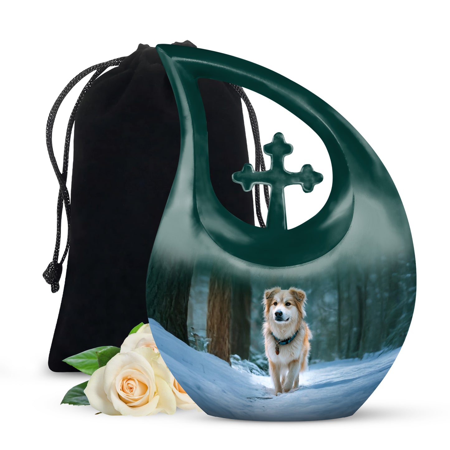 Aqua Teal Dog Cremation Urn top-down view of secure threaded lid - devotional cross-drop dog engraving - full-size 10 inch 200 cubic inch adult cremation urn