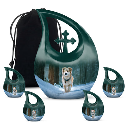 Cool Teal Dog Cremation Urn urn with complimentary velvet bag - sacred cross merged with dog motif on metal - memorial set with one large and four small urns