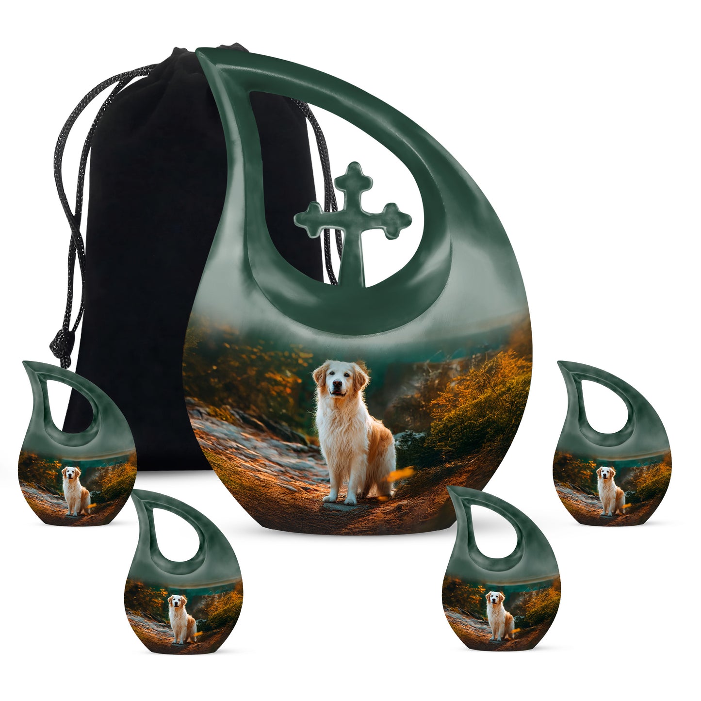 Ebony Dog Cremation Urn urn with complimentary velvet bag - cross and dog combined in spiritual memorial design - memorial set with one large and four small urns
