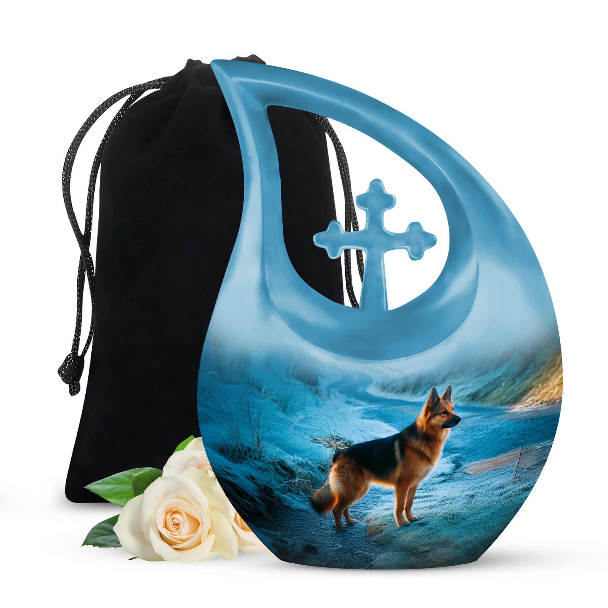 Indigo Dog Cremation Urn top-down view of secure threaded lid - cross and dog combined in spiritual memorial design - full-size 10 inch 200 cubic inch adult cremation urn