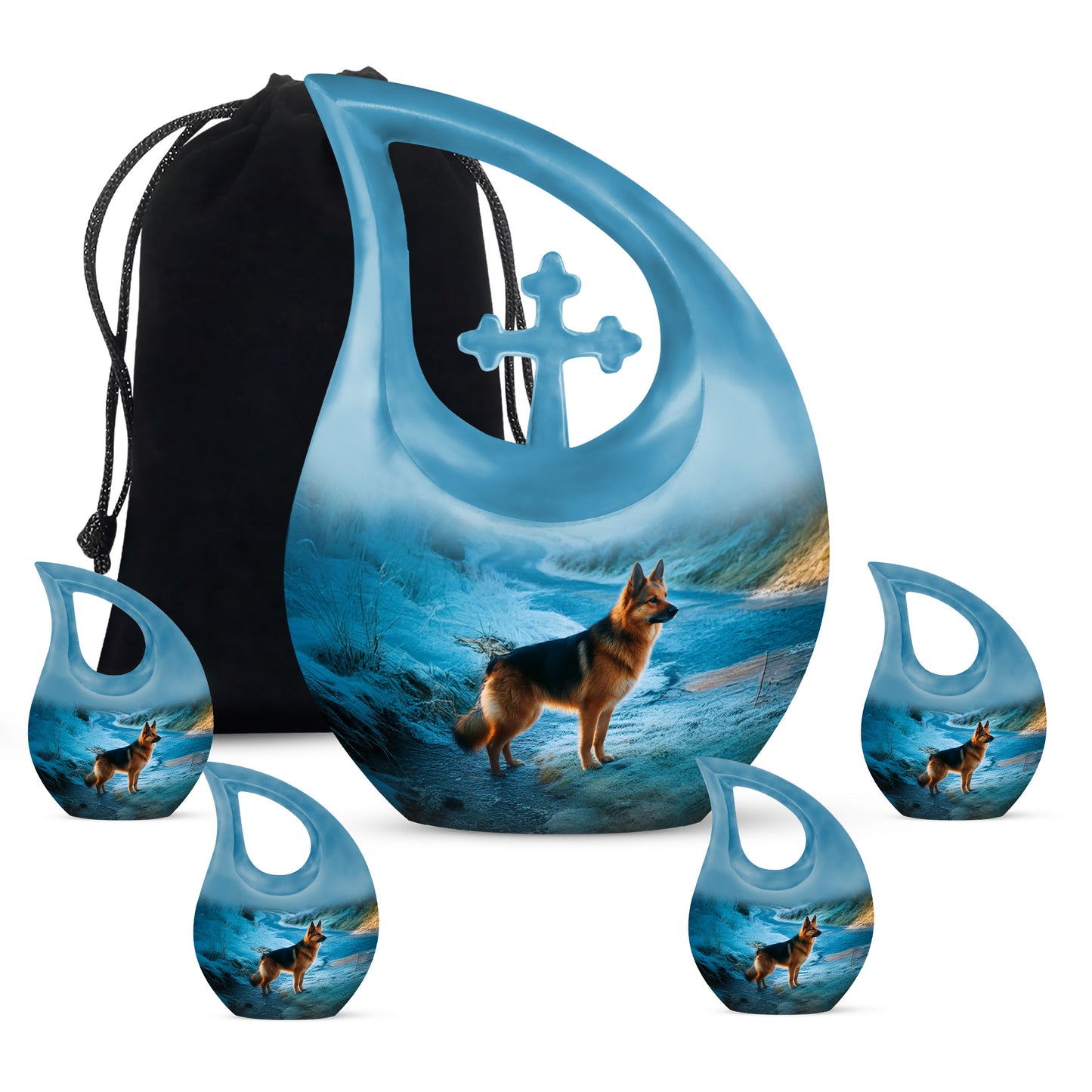 Soft Blue Dog Cremation Urn urn with complimentary velvet bag - faith-inspired cross-drop urn with dog pattern - memorial set with one large and four small urns