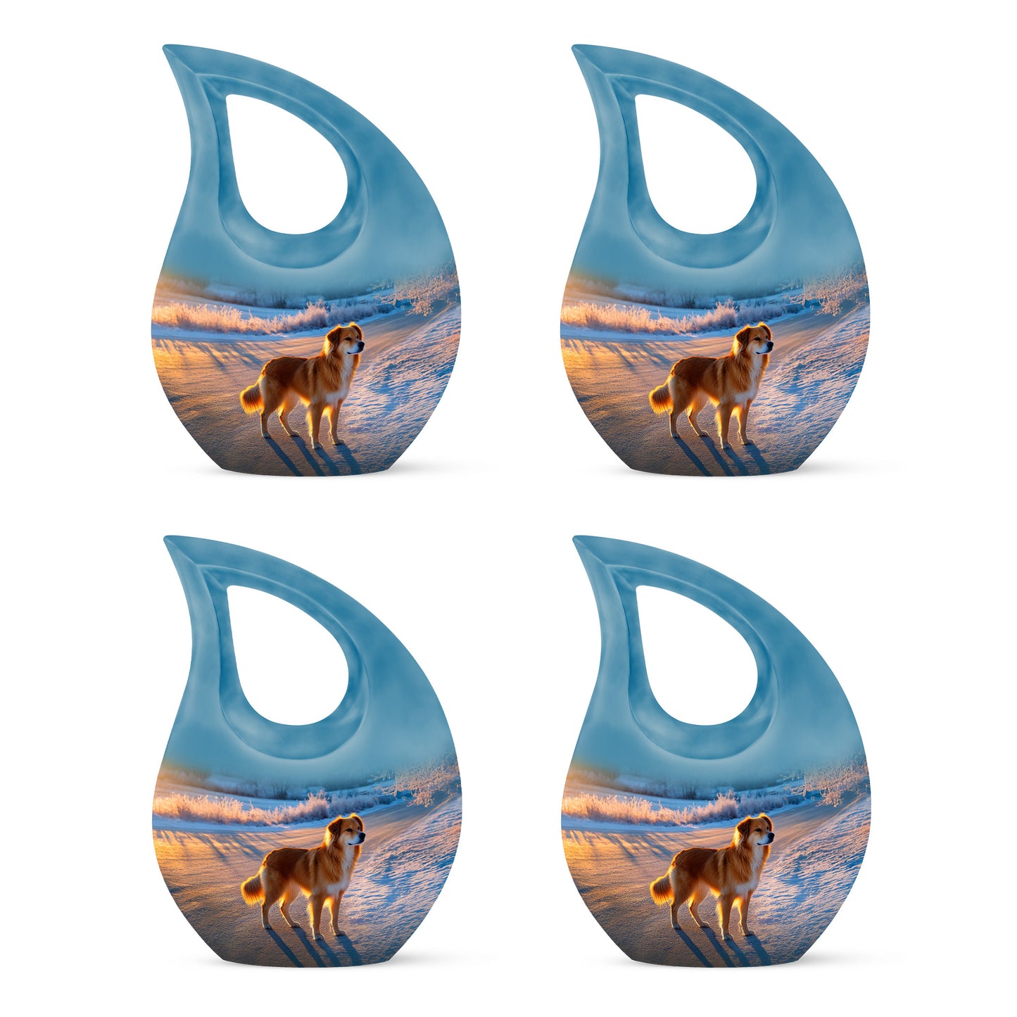 Soft Blue Dog Cremation Urn lifestyle display on memorial shelf - faith-inspired cross-drop urn with dog pattern - 10 inch aluminum urn for cremated remains