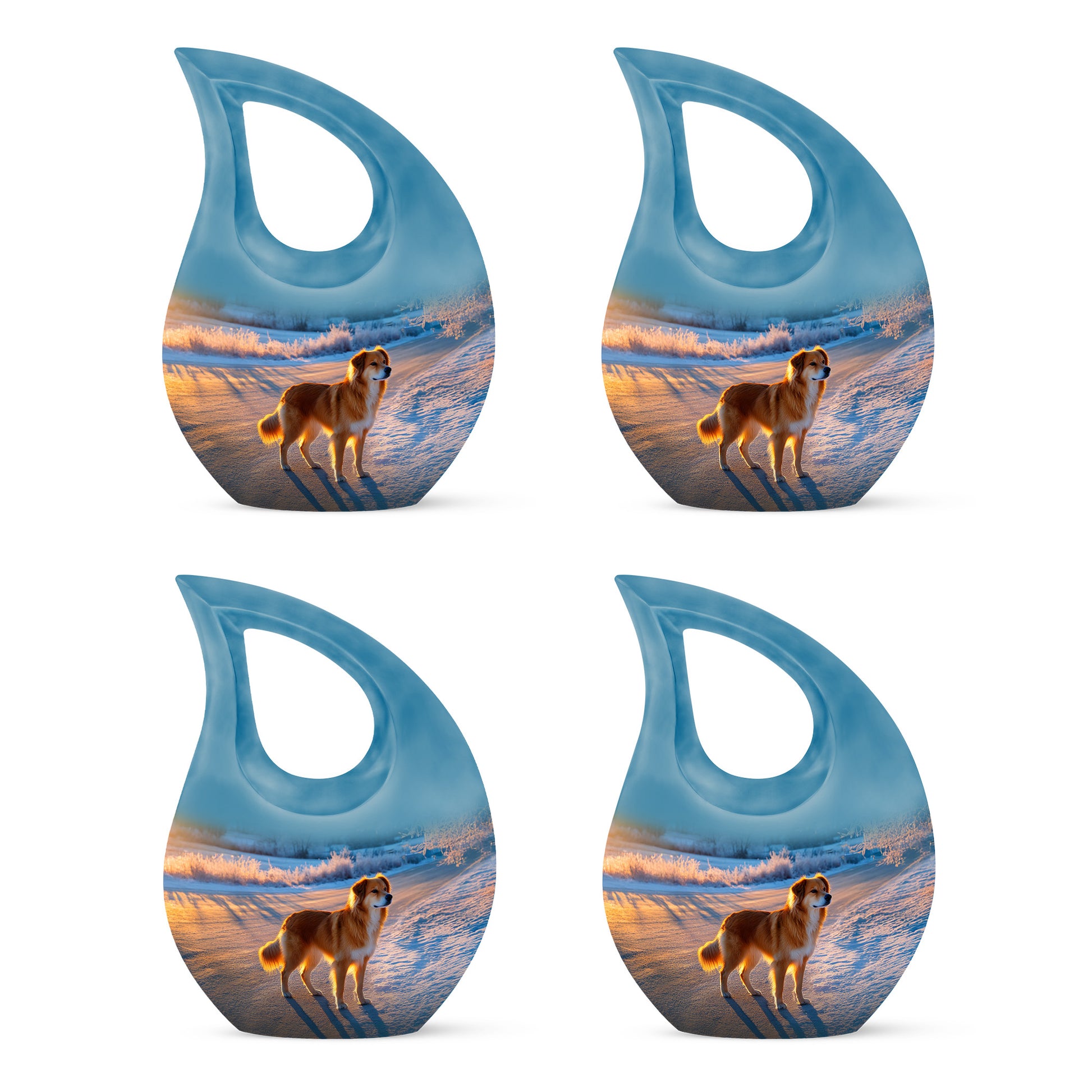 Soft Blue Dog Cremation Urn lifestyle display on memorial shelf - faith-inspired cross-drop urn with dog pattern - 10 inch aluminum urn for cremated remains