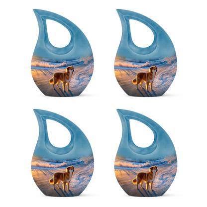 Soft Blue Dog Cremation Urn lifestyle display on memorial shelf - faith-inspired cross-drop urn with dog pattern - 10 inch aluminum urn for cremated remains