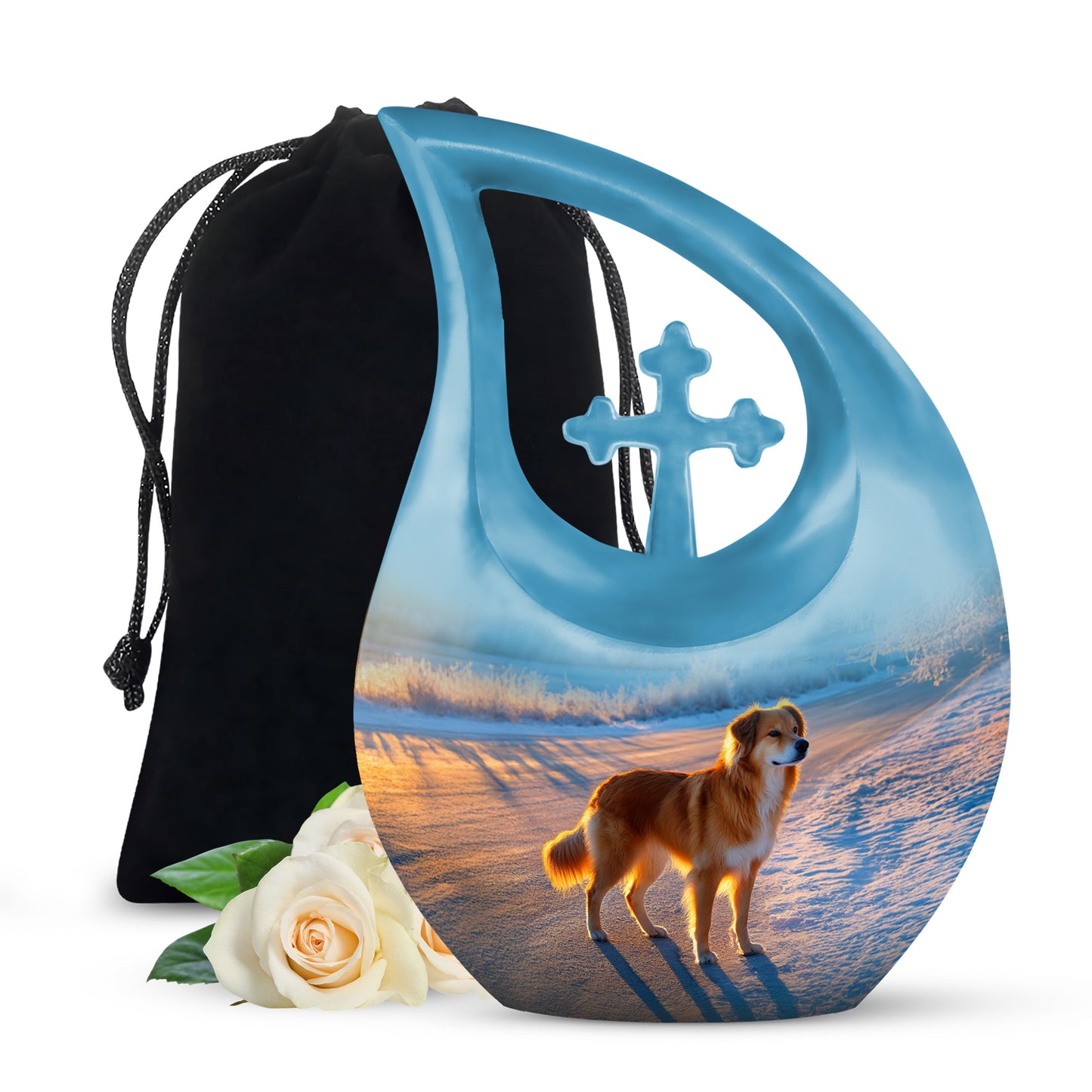 Slate Blue Dog Cremation Urn top-down view of secure threaded lid - sacred cross merged with dog motif on metal - full-size 10 inch 200 cubic inch adult cremation urn