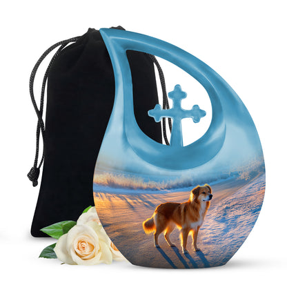 Slate Blue Dog Cremation Urn top-down view of secure threaded lid - sacred cross merged with dog motif on metal - full-size 10 inch 200 cubic inch adult cremation urn