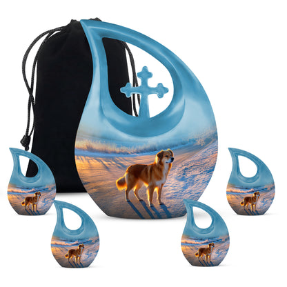 Pastel Blue Dog Cremation Urn urn with complimentary velvet bag - cross and dog combined in spiritual memorial design - memorial set with one large and four small urns