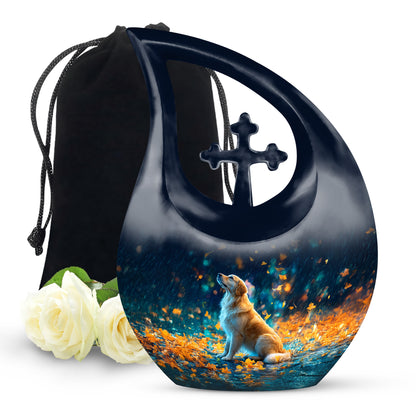 Twilight Blue Dog Cremation Urn top-down view of secure threaded lid - devotional cross-drop dog engraving - full-size 10 inch 200 cubic inch adult cremation urn