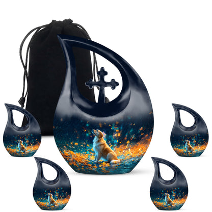 Powder Blue Dog Cremation Urn urn with complimentary velvet bag - sacred cross merged with dog motif on metal - memorial set with one large and four small urns