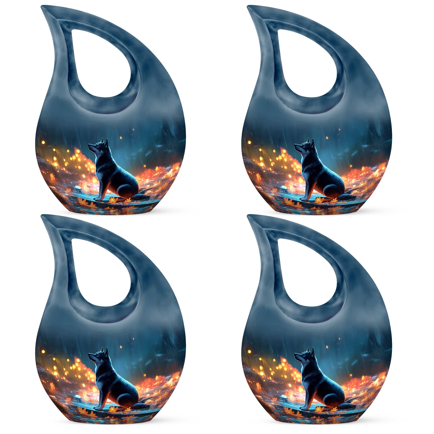 Bright Blue Dog Cremation Urn lifestyle display on memorial shelf - devotional cross-drop dog engraving - 10 inch aluminum urn for cremated remains