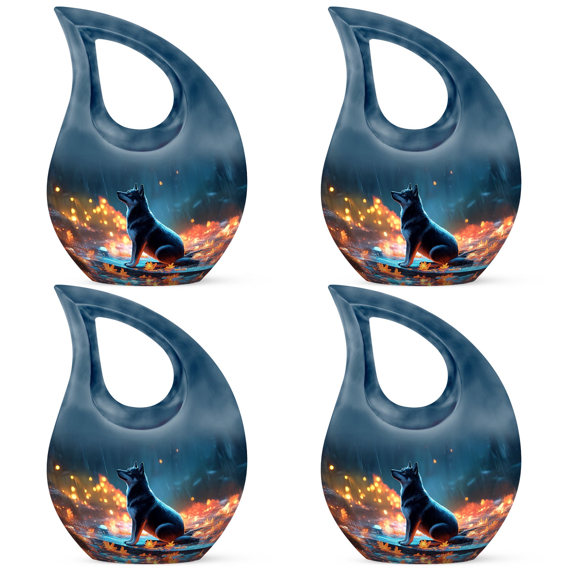 Bright Blue Dog Cremation Urn lifestyle display on memorial shelf - devotional cross-drop dog engraving - 10 inch aluminum urn for cremated remains