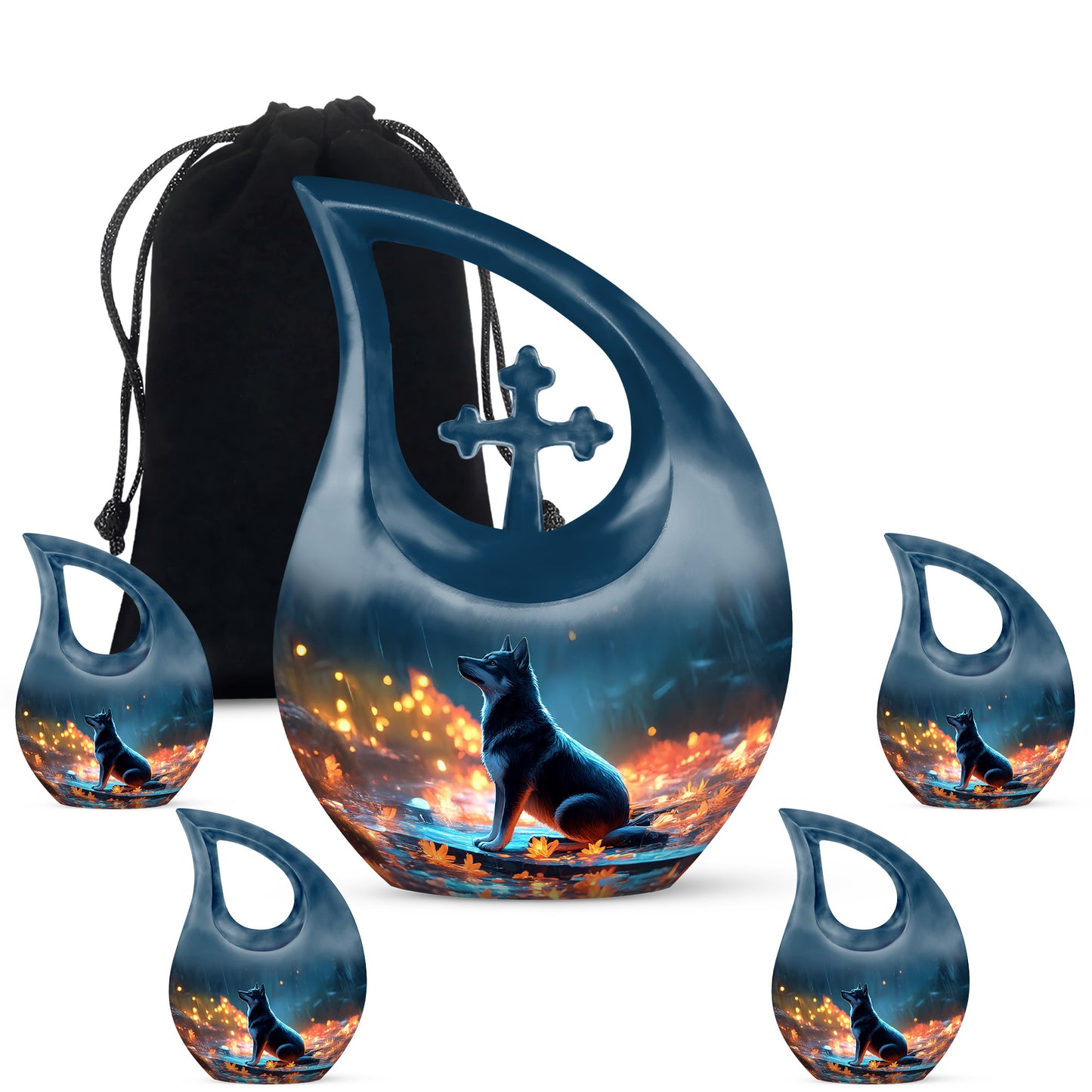 Soft Blue Dog Cremation Urn urn with complimentary velvet bag - faith-inspired cross-drop urn with dog pattern - memorial set with one large and four small urns