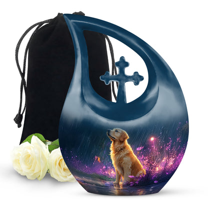 Navy Blue Dog Cremation Urn top-down view of secure threaded lid - sacred cross merged with dog motif on metal - full-size 10 inch 200 cubic inch adult cremation urn