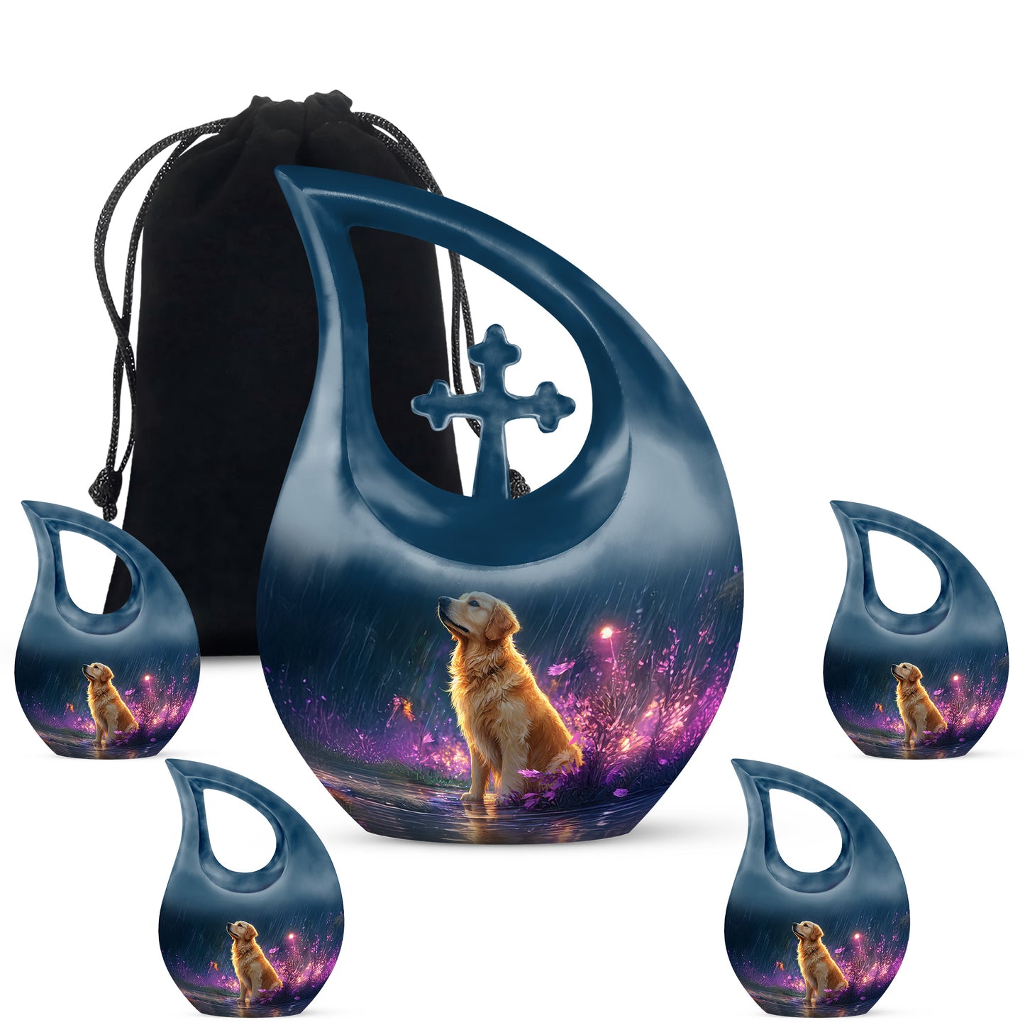 Azure Dog Cremation Urn urn with complimentary velvet bag - sacred cross merged with dog motif on metal - memorial set with one large and four small urns