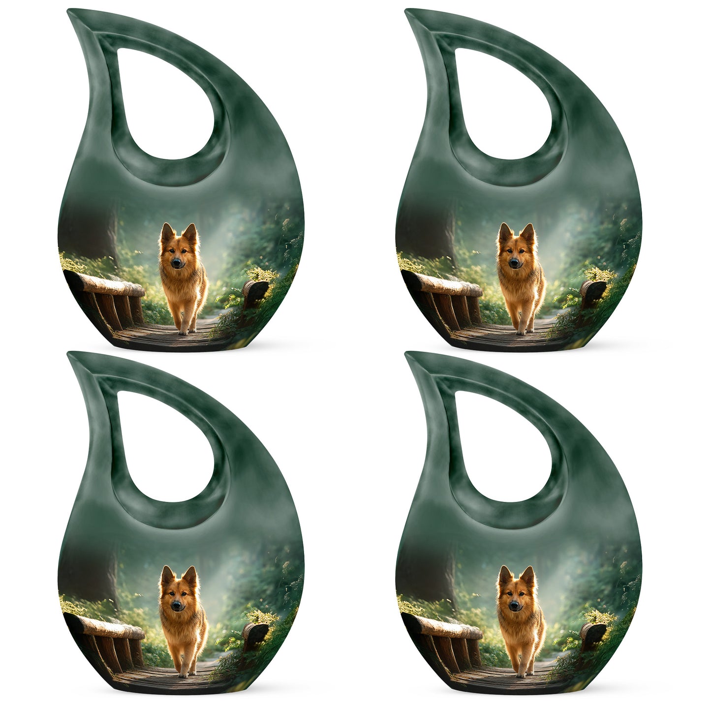 Emerald Green Dog Cremation Urn lifestyle display on memorial shelf - cross and dog combined in spiritual memorial design - 10 inch aluminum urn for cremated remains