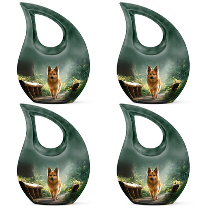 Emerald Green Dog Cremation Urn lifestyle display on memorial shelf - cross and dog combined in spiritual memorial design - 10 inch aluminum urn for cremated remains