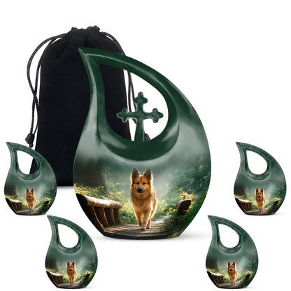 Moss Green Dog Cremation Urn urn with complimentary velvet bag - sacred cross merged with dog motif on metal - memorial set with one large and four small urns
