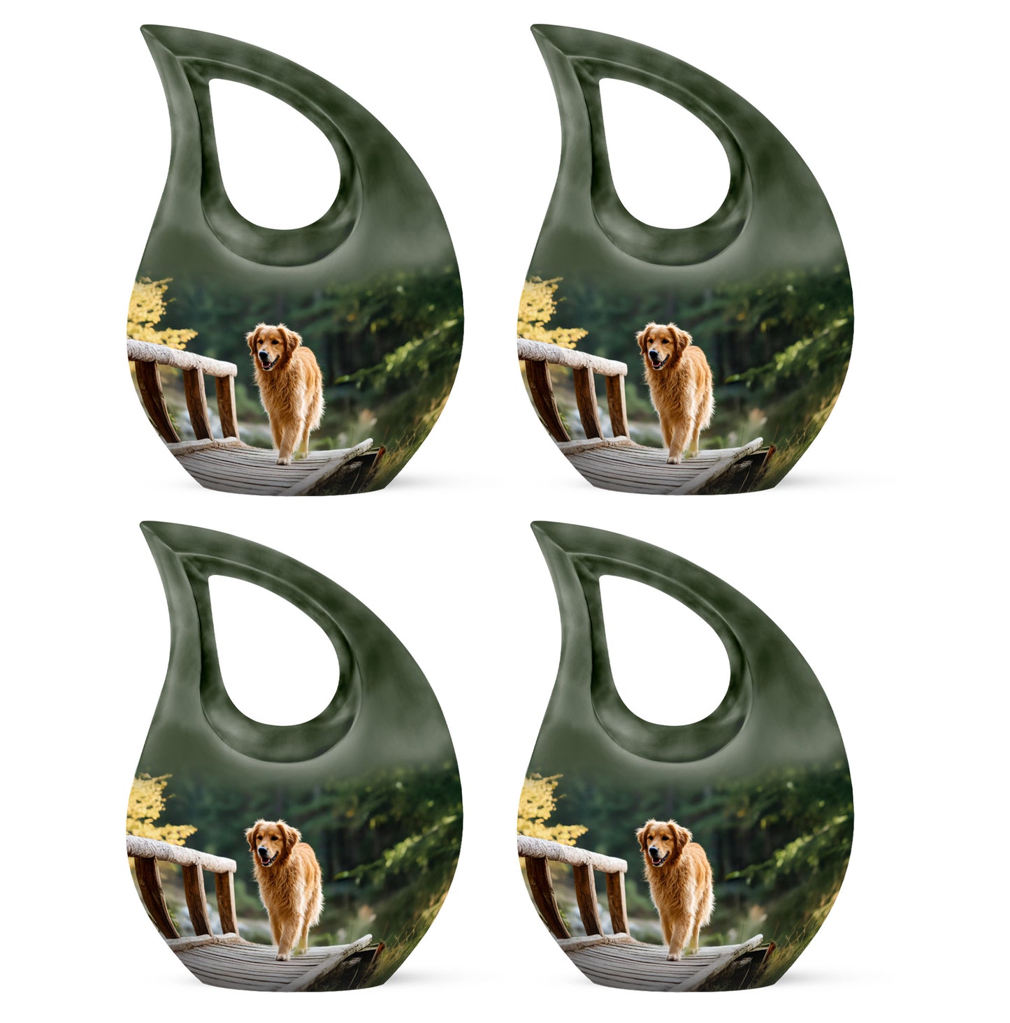 Forest Green Dog Cremation Urn lifestyle display on memorial shelf - devotional cross-drop dog engraving - 10 inch aluminum urn for cremated remains