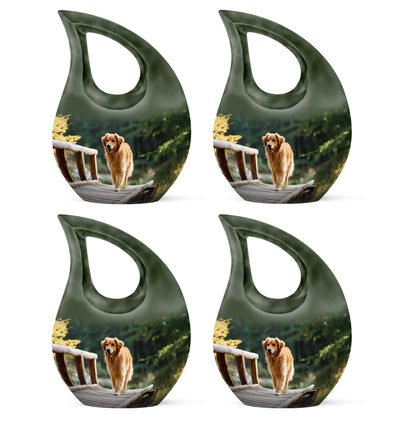 Forest Green Dog Cremation Urn lifestyle display on memorial shelf - devotional cross-drop dog engraving - 10 inch aluminum urn for cremated remains