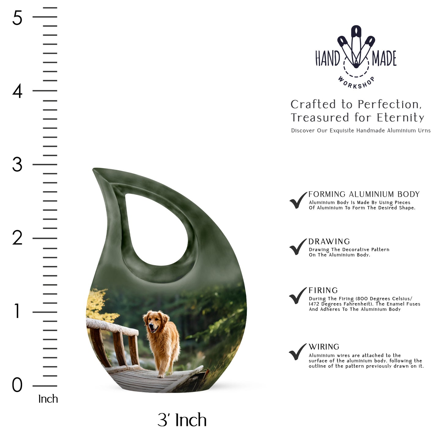 Verdant Green Dog Cremation Urn back view with polished surface - cross and dog combined in spiritual memorial design - mini keepsake memorial for portion of cremation ashes