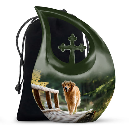 Olive Green Dog Cremation Urn top-down view of secure threaded lid - devotional cross-drop dog engraving - full-size 10 inch 200 cubic inch adult cremation urn