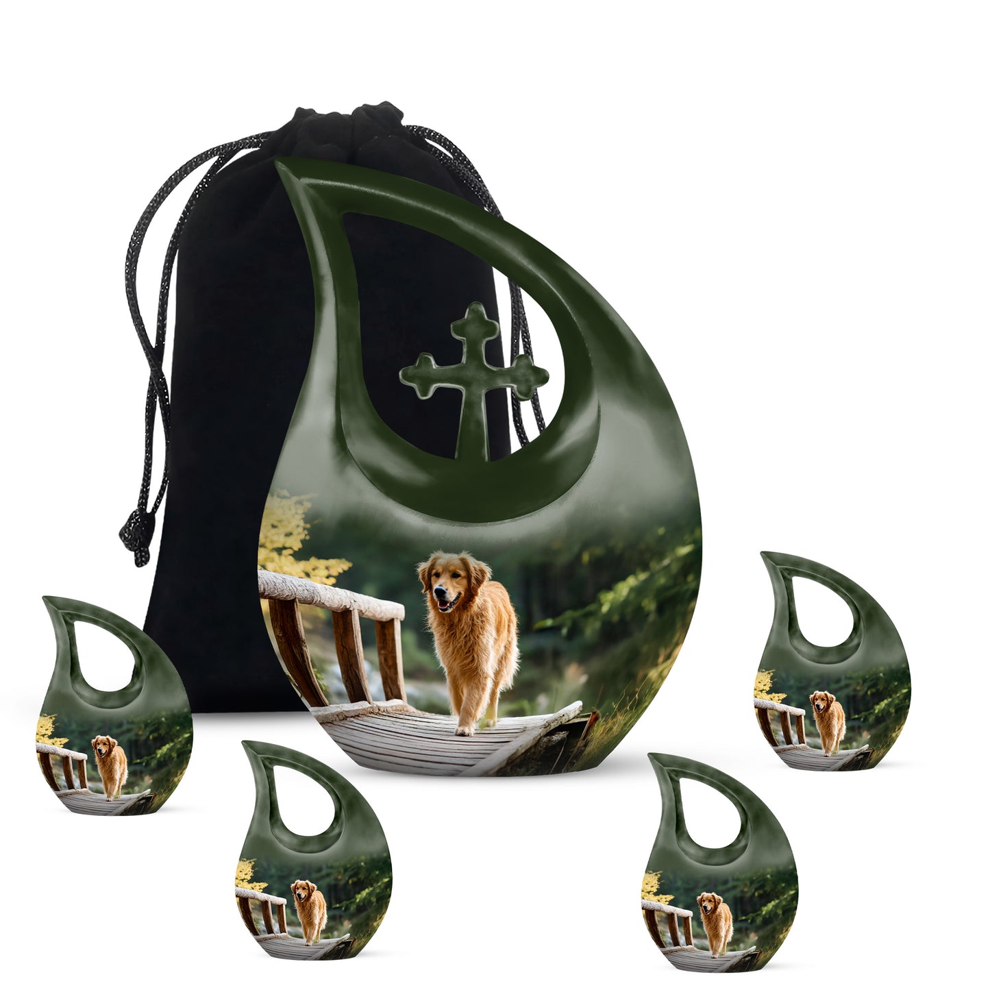 Hunter Green Dog Cremation Urn urn with complimentary velvet bag - devotional cross-drop dog engraving - memorial set with one large and four small urns