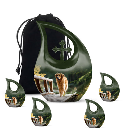 Hunter Green Dog Cremation Urn urn with complimentary velvet bag - devotional cross-drop dog engraving - memorial set with one large and four small urns