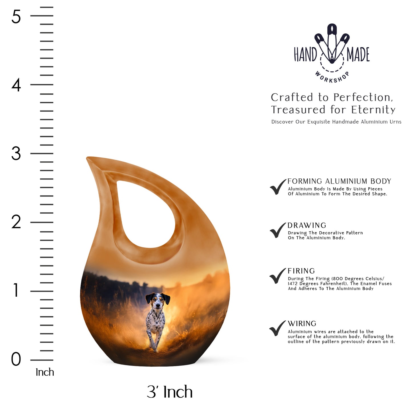 Sunrise Gold Dog Cremation Urn back view with polished surface - sacred cross merged with dog motif on metal - mini keepsake memorial for portion of cremation ashes