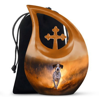 Royal Gold Dog Cremation Urn top-down view of secure threaded lid - faith-inspired cross-drop urn with dog pattern - full-size 10 inch 200 cubic inch adult cremation urn