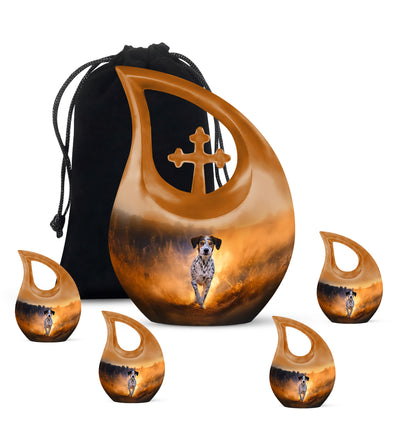 Harvest Gold Dog Cremation Urn urn with complimentary velvet bag - devotional cross-drop dog engraving - memorial set with one large and four small urns