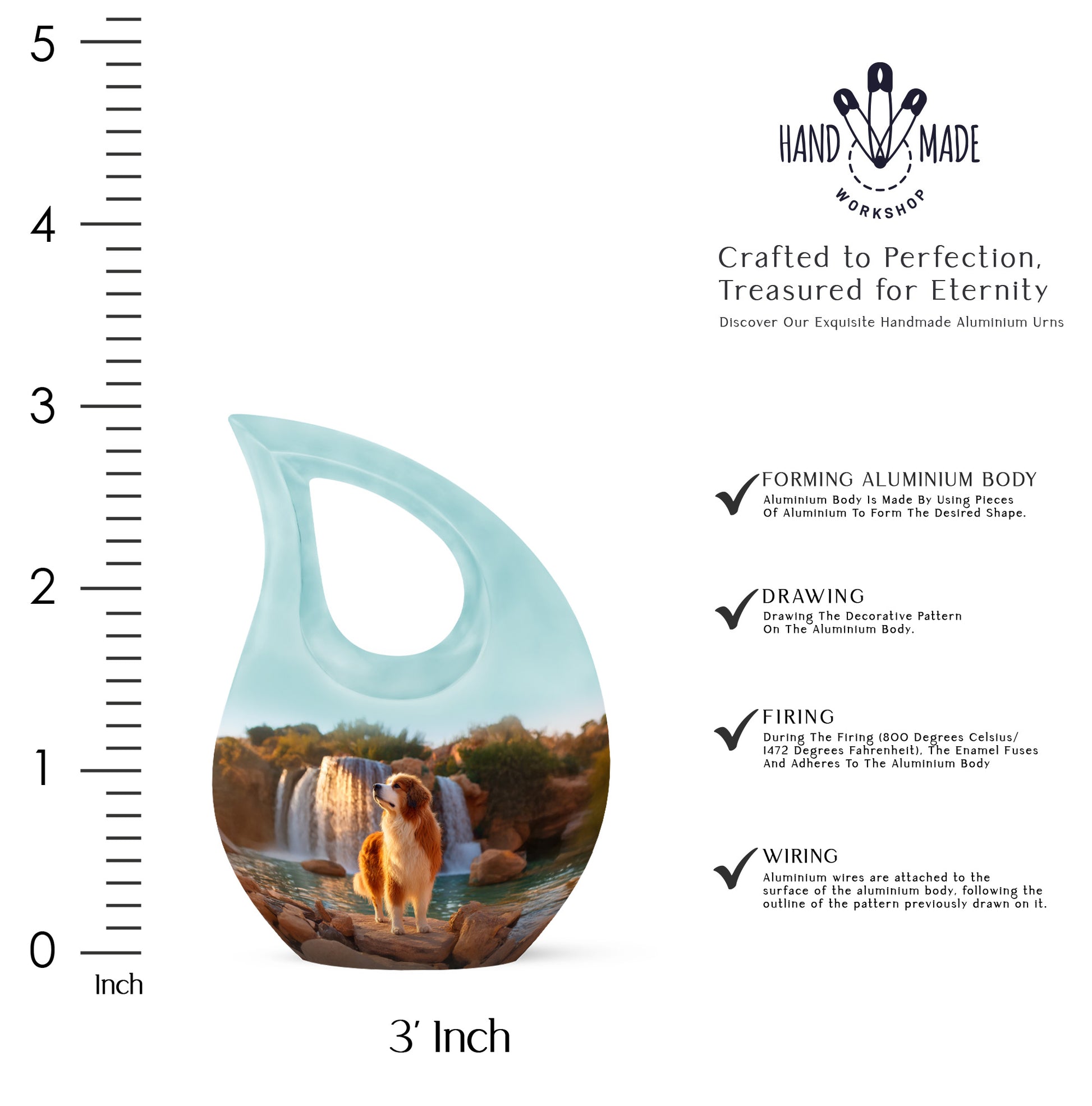 Indigo Dog Cremation Urn back view with polished surface - cross and dog combined in spiritual memorial design - mini keepsake memorial for portion of cremation ashes
