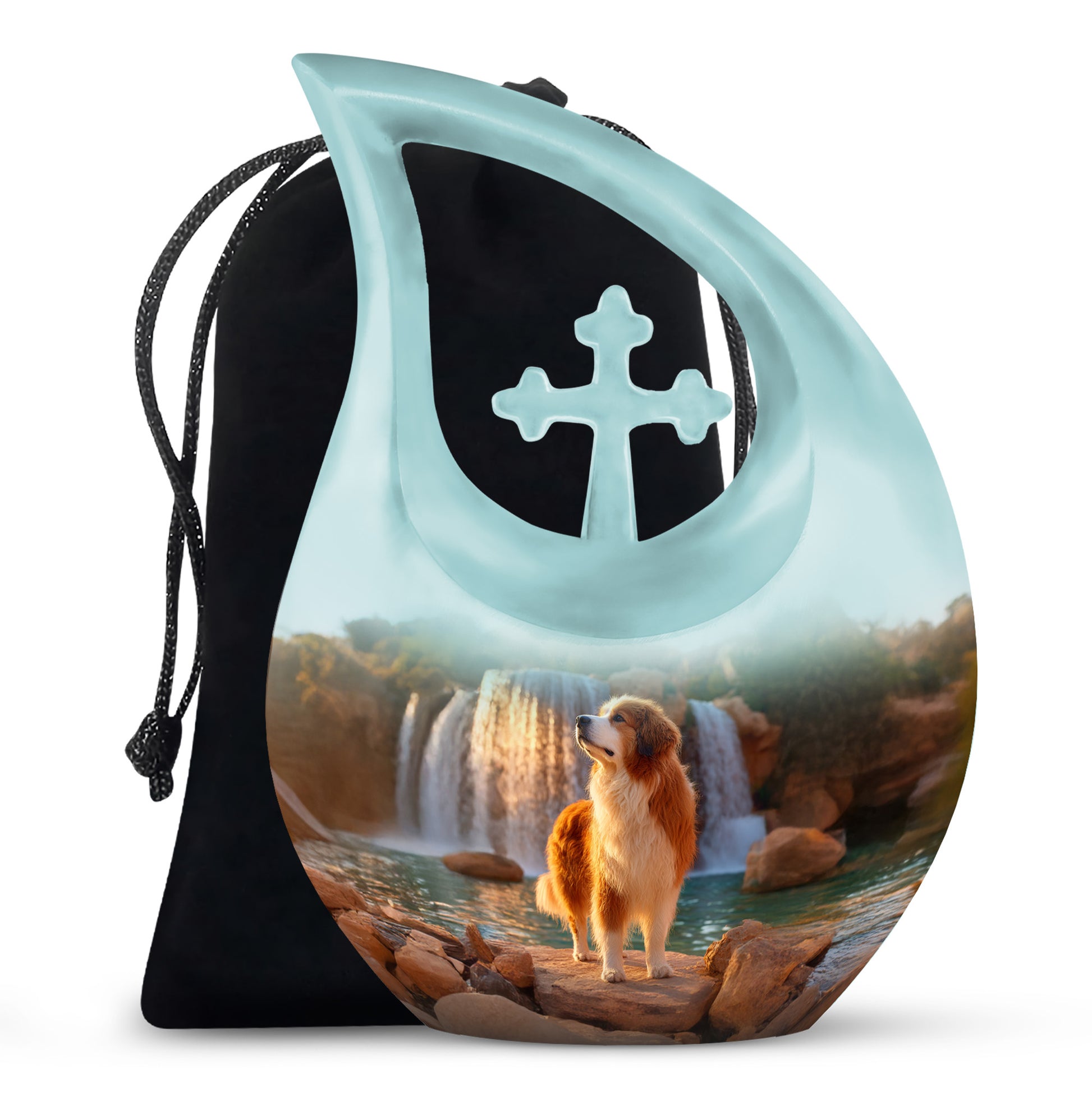 Azure Dog Cremation Urn top-down view of secure threaded lid - sacred cross merged with dog motif on metal - full-size 10 inch 200 cubic inch adult cremation urn