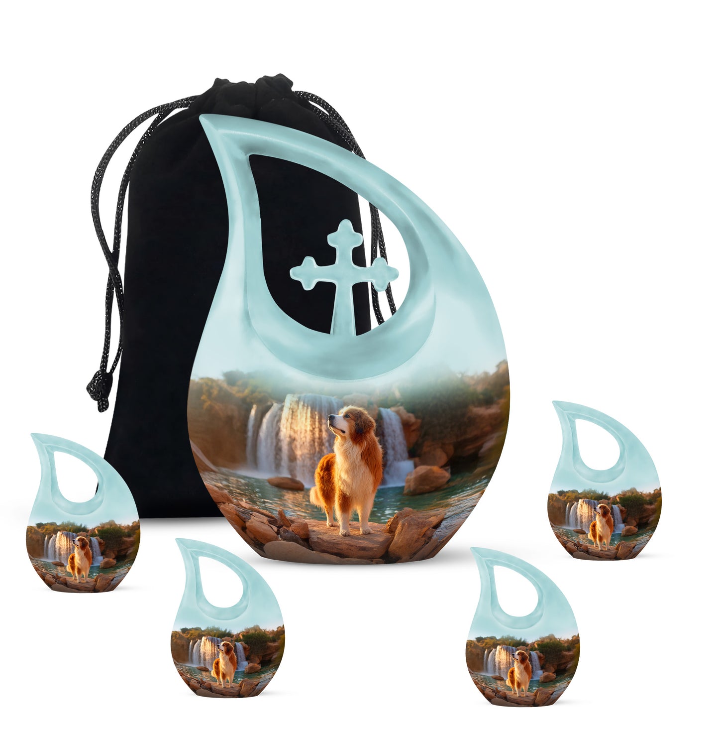 Indigo Dog Cremation Urn urn with complimentary velvet bag - cross and dog combined in spiritual memorial design - memorial set with one large and four small urns