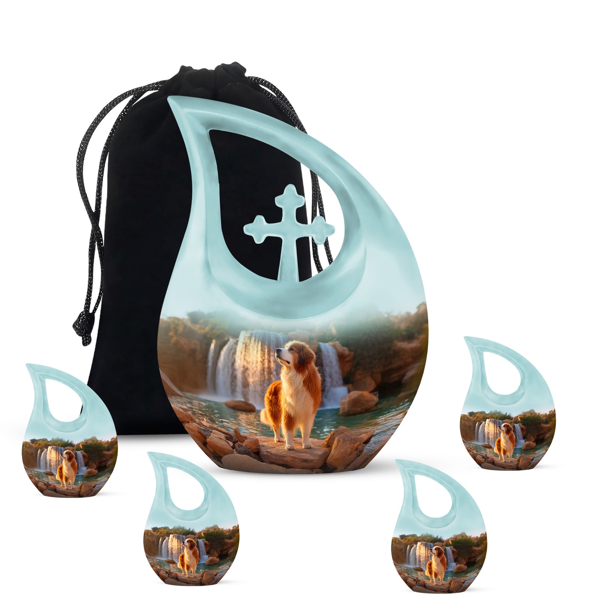 Indigo Dog Cremation Urn urn with complimentary velvet bag - cross and dog combined in spiritual memorial design - memorial set with one large and four small urns
