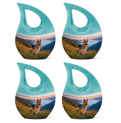 Powder Blue Dog Cremation Urn lifestyle display on memorial shelf - sacred cross merged with dog motif on metal - 10 inch aluminum urn for cremated remains