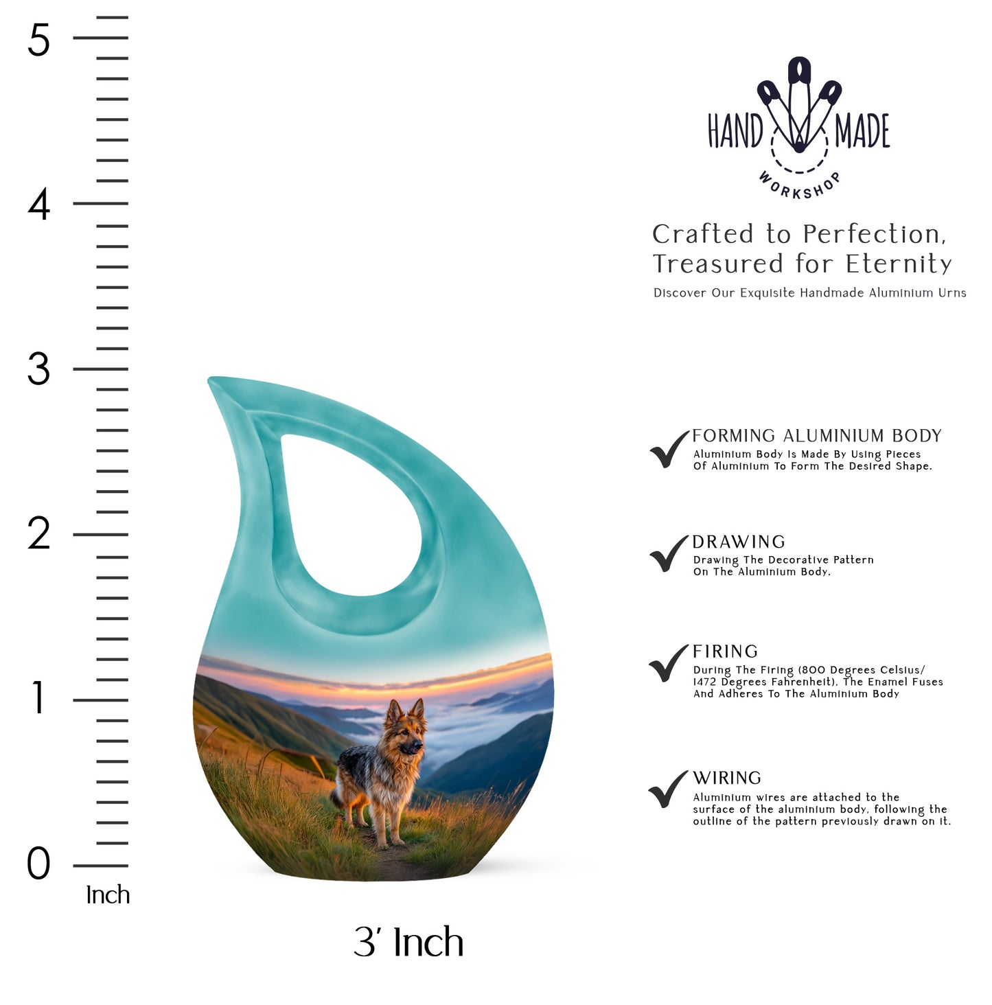 Azure Dog Cremation Urn back view with polished surface - cross and dog combined in spiritual memorial design - mini keepsake memorial for portion of cremation ashes